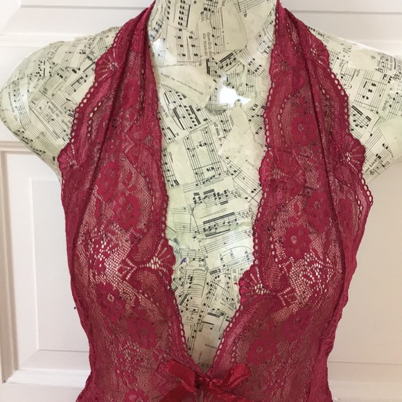 Avid Love sz Small lace bodysuit Haler top scalloped edge deep wine red sheer - Picture 2 of 13
